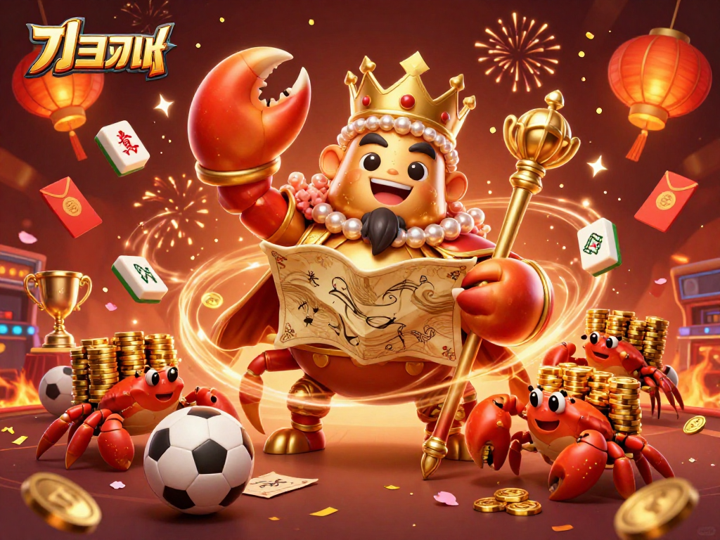 Engage in แทงบอล with an illustrated golden crab emperor and vibrant casino elements.