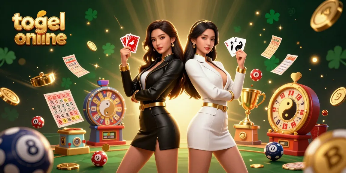Engage in togel online with photorealistic twin Asian women, lively lottery elements, and golden accents.