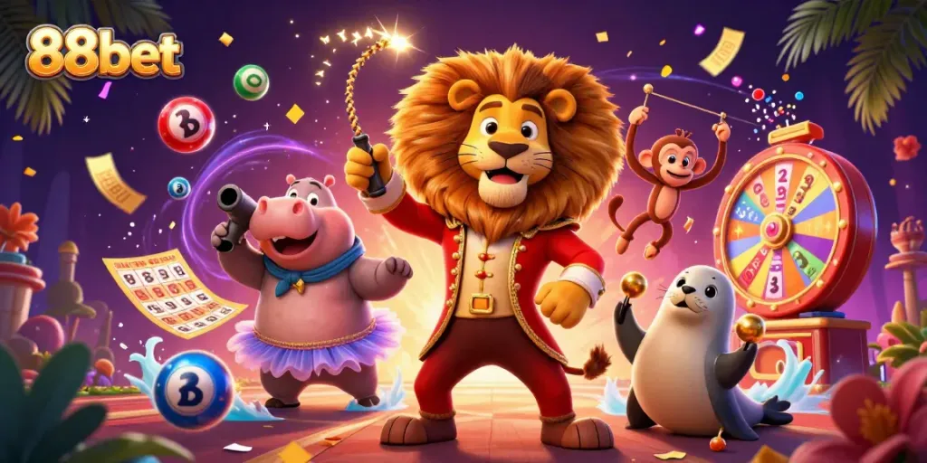 Engage with thrilling games at 88bet, featuring vibrant characters and exciting casino elements in a lively scene.