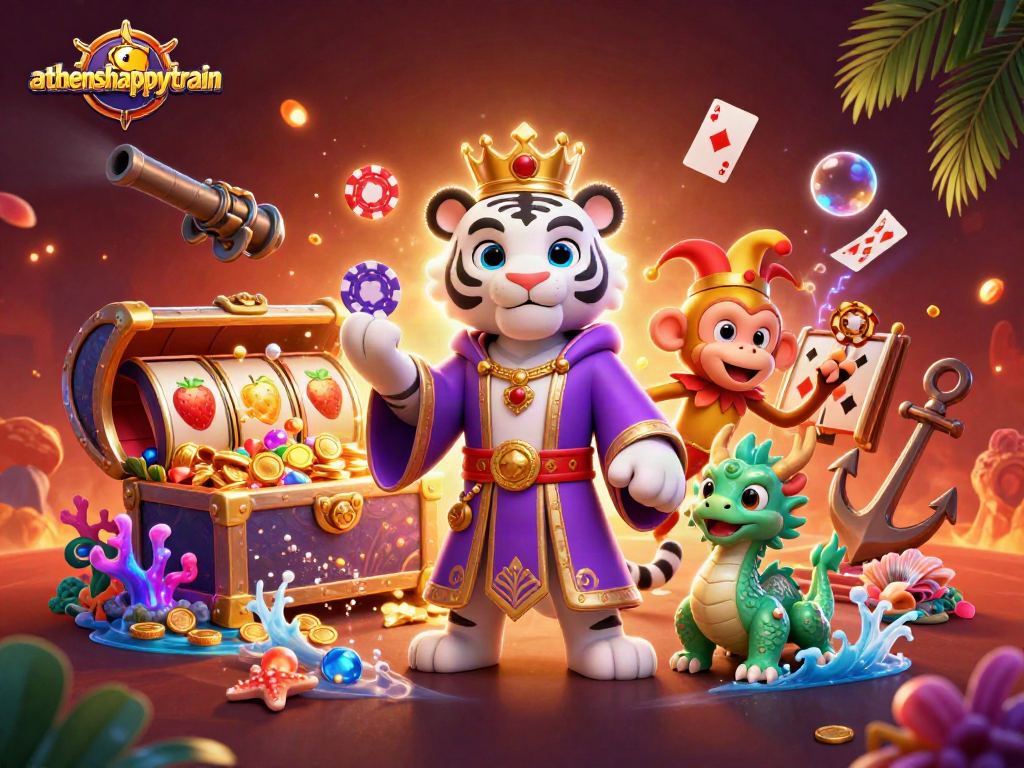Join the athenshappytrain with vibrant slots and engaged characters celebrating in a colorful casino scene.