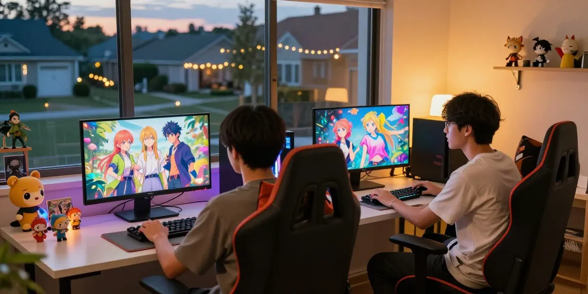 Two players enjoying hentai games in a cozy game studio with vibrant colors and engaging monitors.