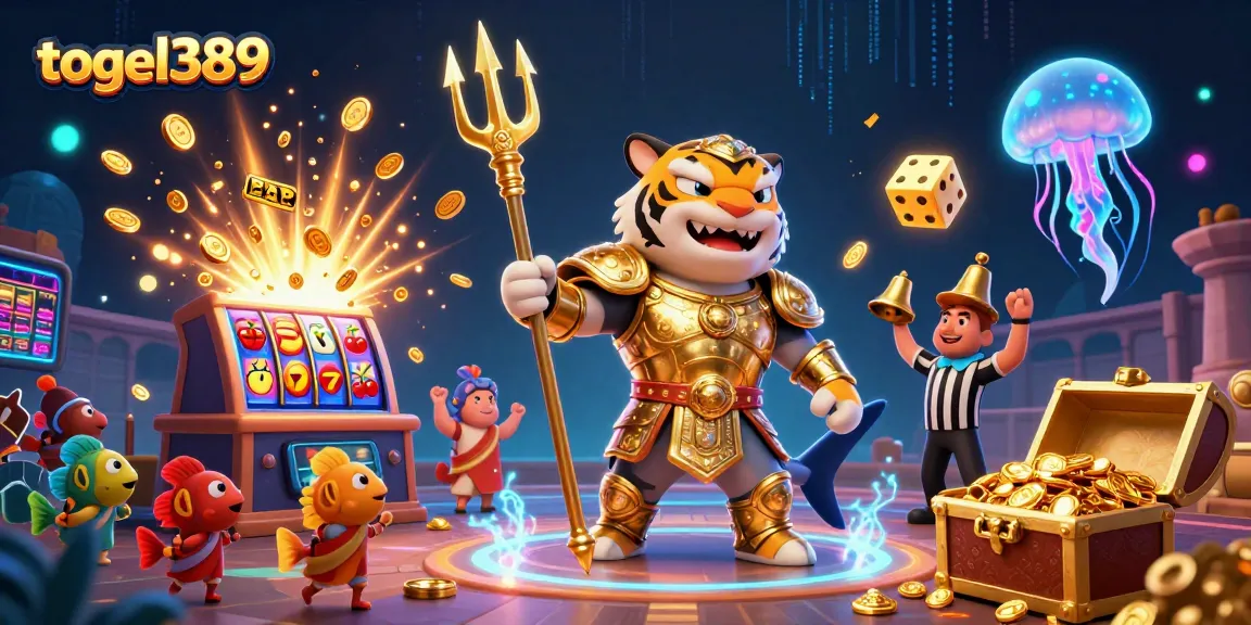 Togel389 casino action featuring a shark in armor and dynamic slot machine explosion in vibrant detail.