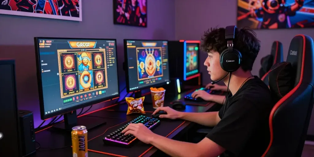 Engaging online player enjoying a thrilling slot gacor session, complete with gaming setup and vibrant atmosphere.