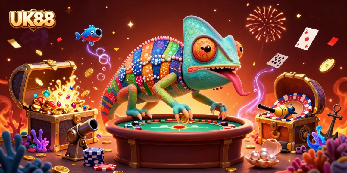 Engage with UK88's thrilling scene featuring a vibrant chameleon casino owner amidst underwater treasures.