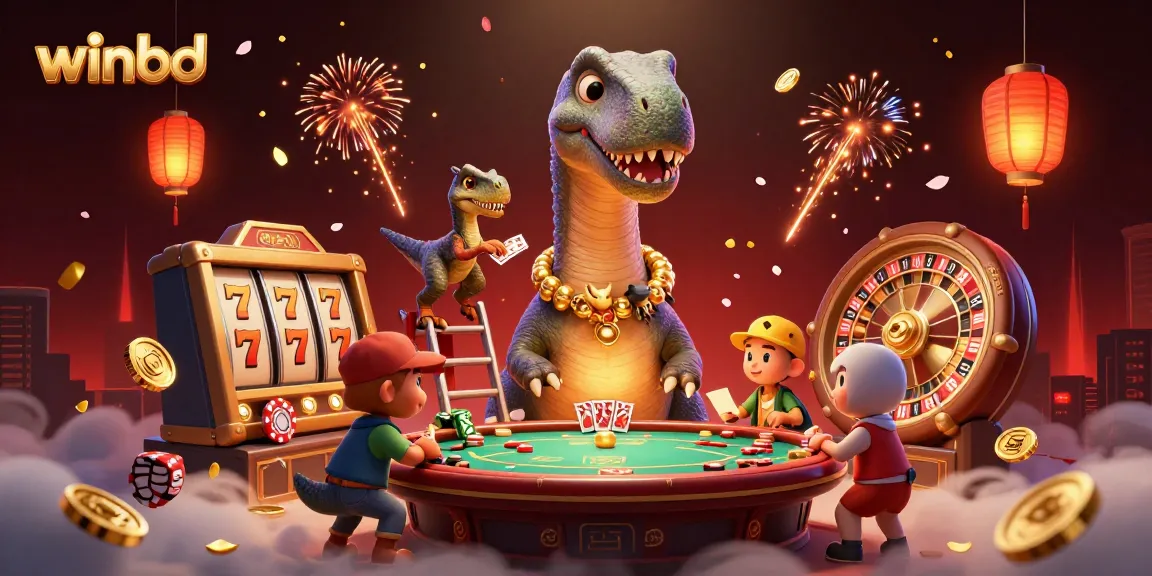 Winbd's vibrant casino scene showcases a towering brontosaurus interacting with a clever raptor dealer.