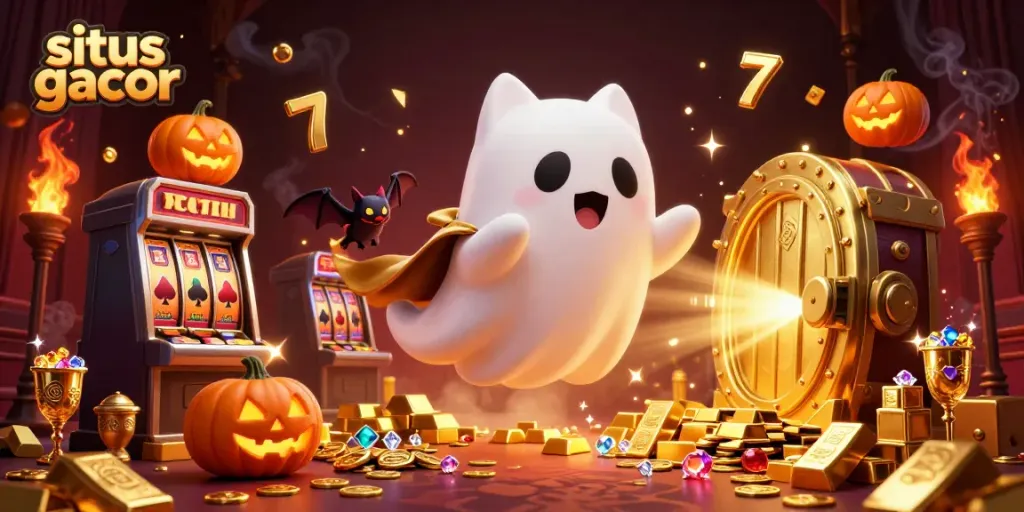 Menang di situs gacor dengan simbol-simbol slot dan hantu lucu di kasino yang menakutkan.