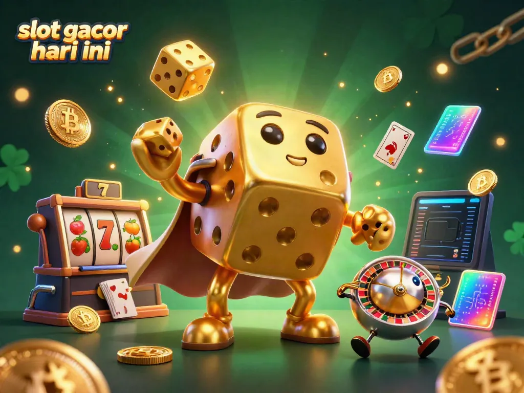 Slot gacor hari ini ditampilkan dalam ilustrasi 3D menampilkan karakter dadu emas dan elemen permainan slot lainnya.