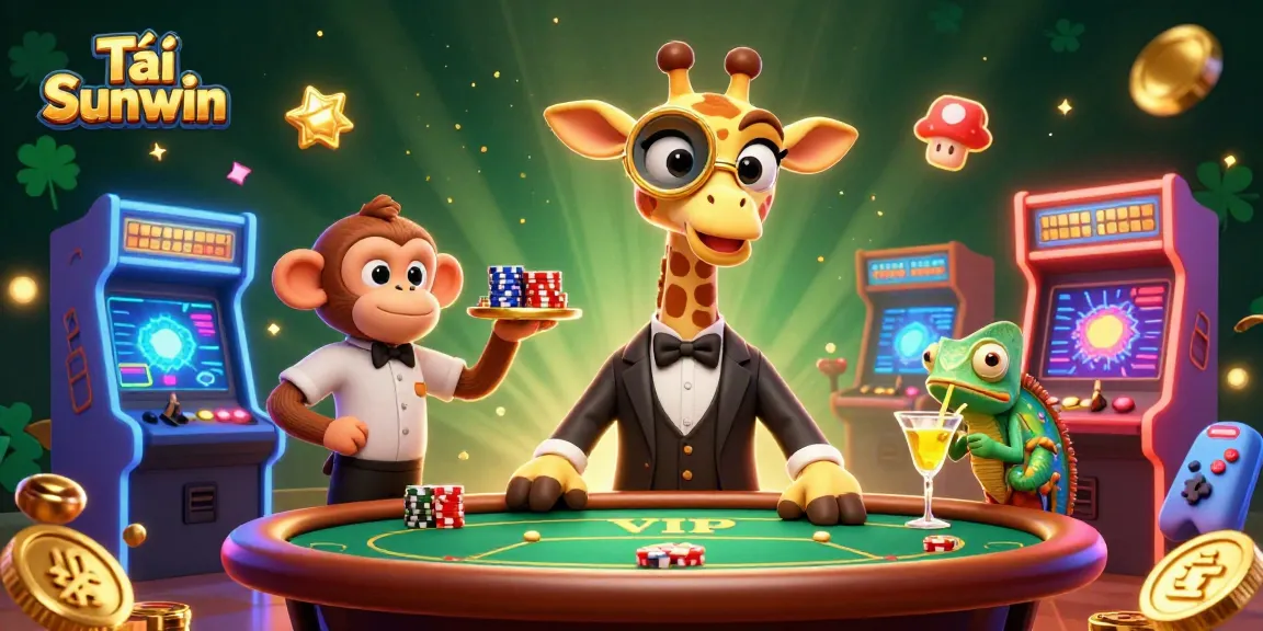 Tải Sunwin excitingly showcases a high-roller giraffe at a VIP poker table, vibrant casino gaming elements surrounding.
