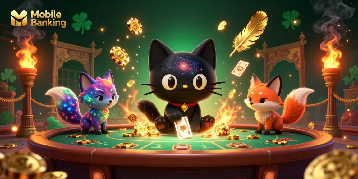 Menarik penyetor chips di Mobile Banking dengan kucing lubang hitam dan rubah nebulosa yang cerah, dikelilingi elemen kasino yang kaya.