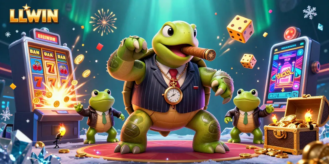 LLWIN showcases a colorful casino scene with cartoon characters enjoying a vibrant slot experience.