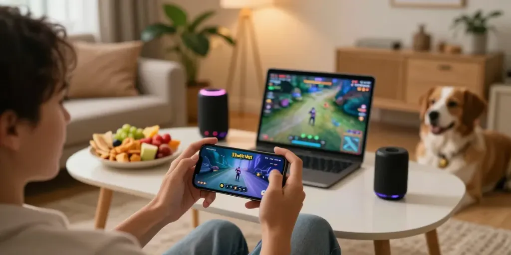 Person immersed in the 3 Patti No1 gaming app in a cozy living room, showcasing real-money gameplay and vibrant snacks.