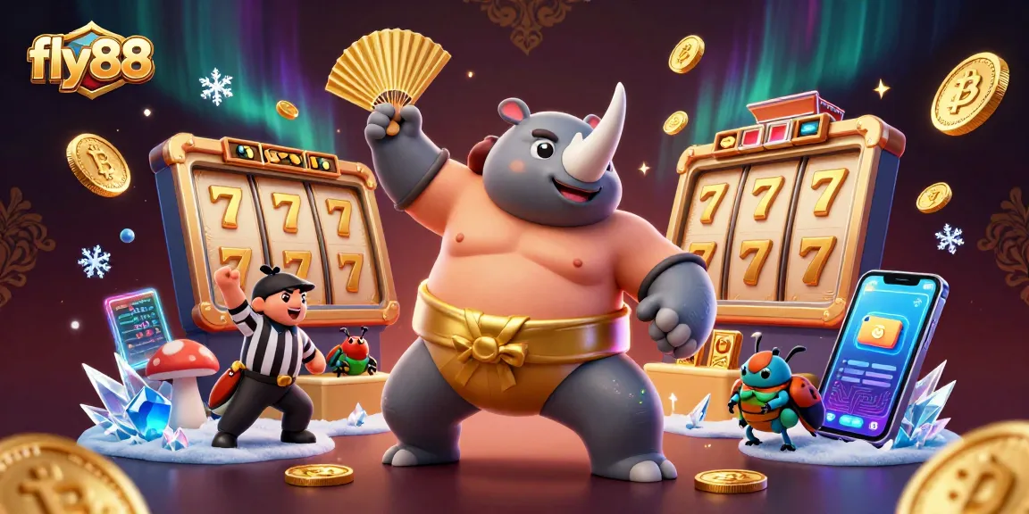 Experience the excitement of fly88 as the sumo champion beetle sends coins flying in this vibrant casino scene.