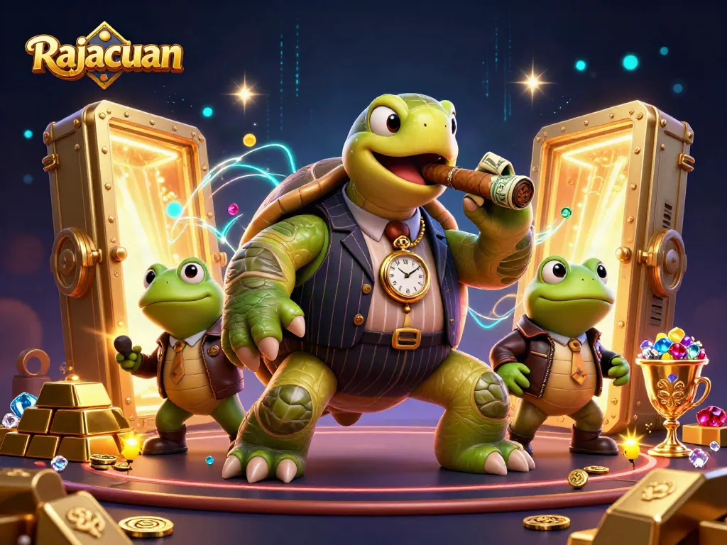 Rajacuan captures a thrilling casino atmosphere with a snapping turtle mobster and bullfrog enforcers, surrounded by treasure.