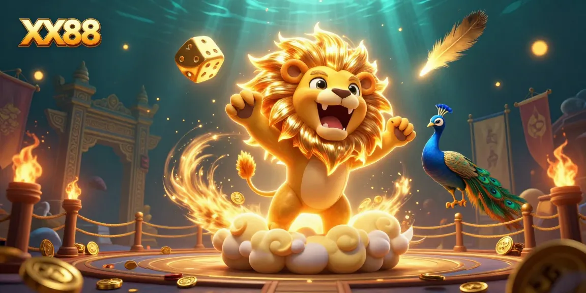 Join the adventure of XX88 with a majestic lion and golden dice amidst a dynamic casino scene.
