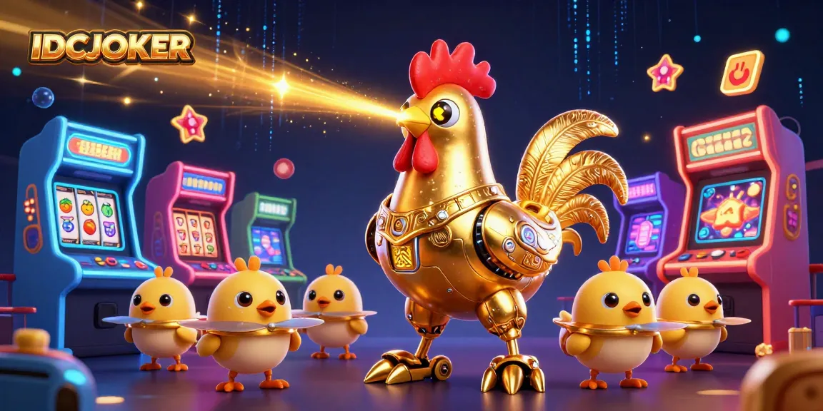 IDCJOKER offers thrilling gameplay with a vibrant 3D illustration of a golden rooster robot and arcade elements.