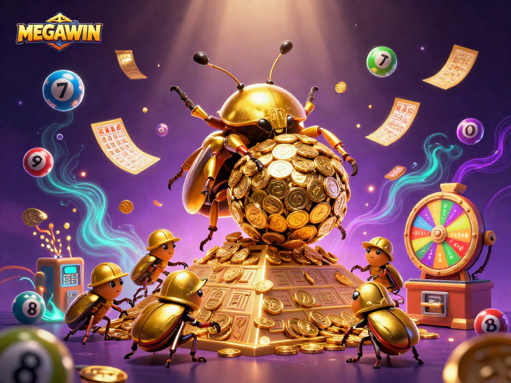Participate in MEGAWIN with a vibrant scene of a golden beetle and dynamic casino elements.