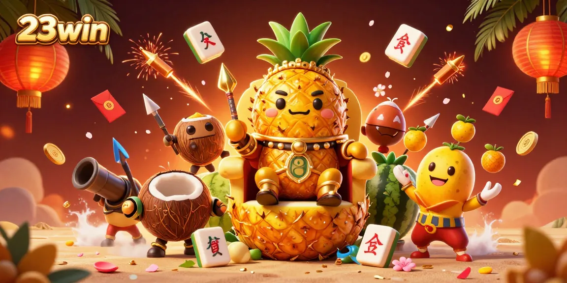 Experience 23win's thrilling casino atmosphere with a tropical twist amidst animated characters.