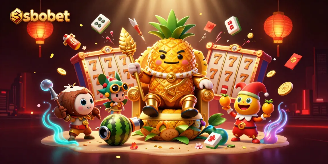 Bet on sbobet as the golden pineapple king reigns over slot reels, symbolizing winning opportunities.