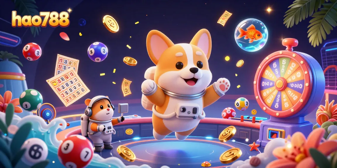 HAO788 menghadirkan corgi astronot bermain di kasino luar angkasa dengan elemen slot dan lotere mengelilinginya.