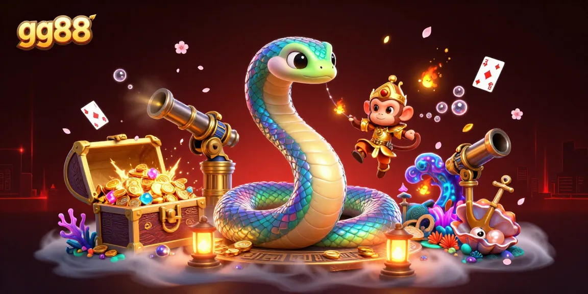 Experience the colorful world of gg88 with a playful monkey king and a rainbow serpent amidst treasures and cards.
