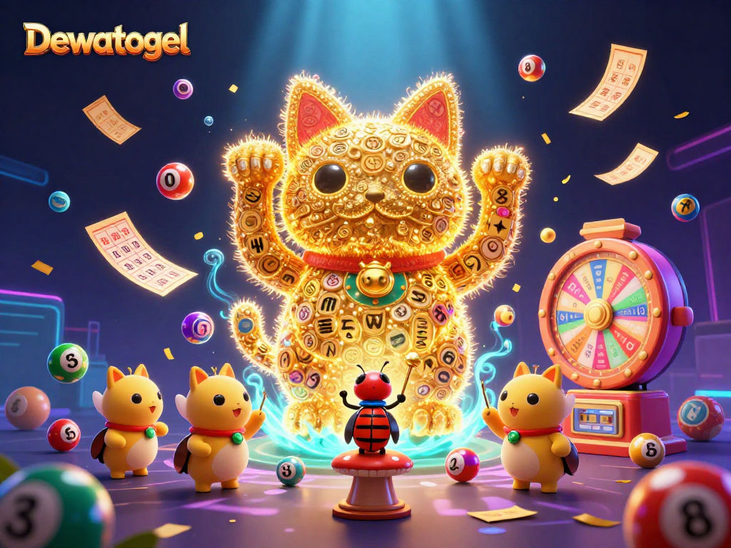Dewatogel menghadirkan ilustrasi menarik dari karakter cat beruntung dengan simbol lotere yang menggoda