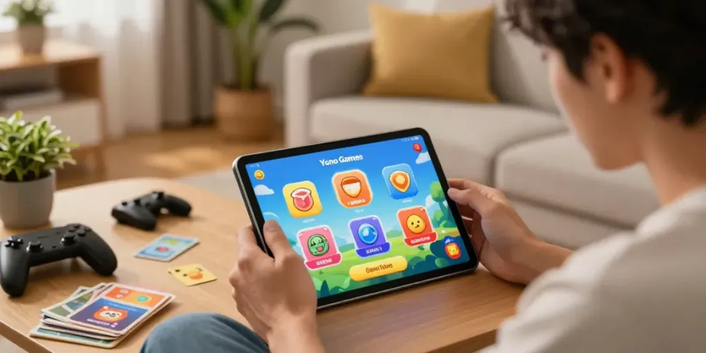 Engaging mobile gaming experience with Yono Games in a cozy living room.
