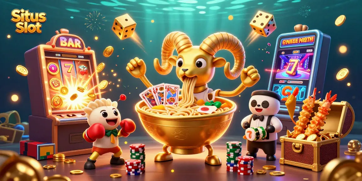 Situs Slot Resmi menampilkan ilustrasi 3D kartun penuh warna dengan elemen perjudian yang megah dan ceria.