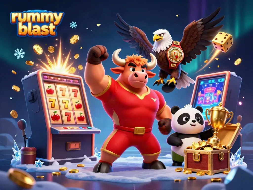 Experience thrilling rummy blast gameplay with champions celebrating wins in a vibrant casino scene.