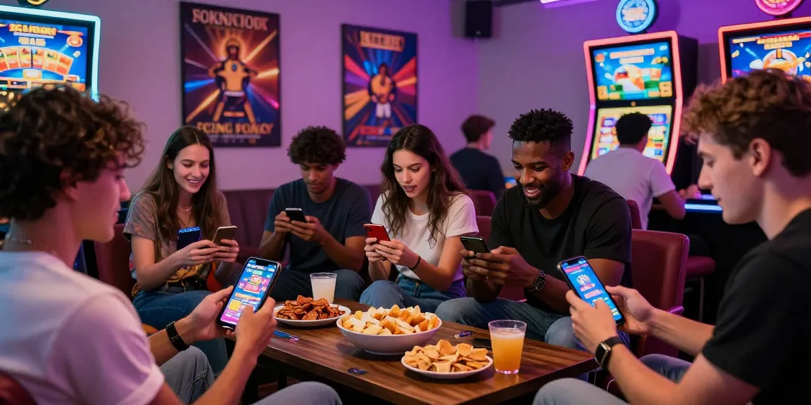Players enjoying the casino app in a lively gaming environment with snacks and laughter.