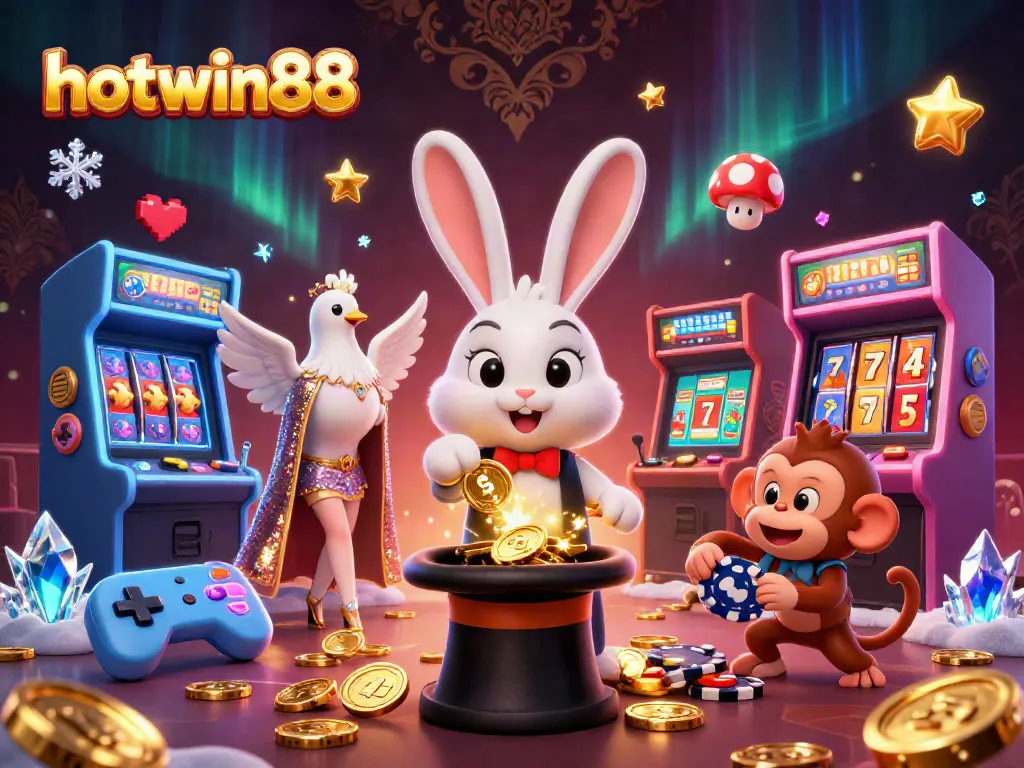 Experience hotwin88 magic with a magician rabbit pulling coins amidst dazzling game elements.