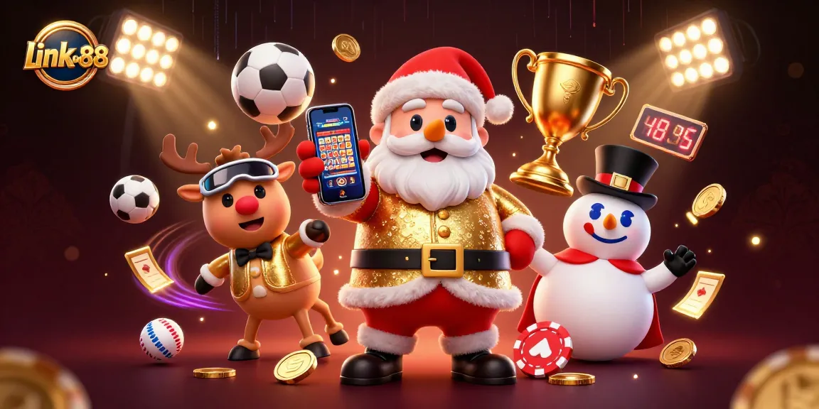 Trải nghiệm link w88 hấp dẫn với hình ảnh 3D vui nhộn của ông già Noel và bạn bè trong casino.