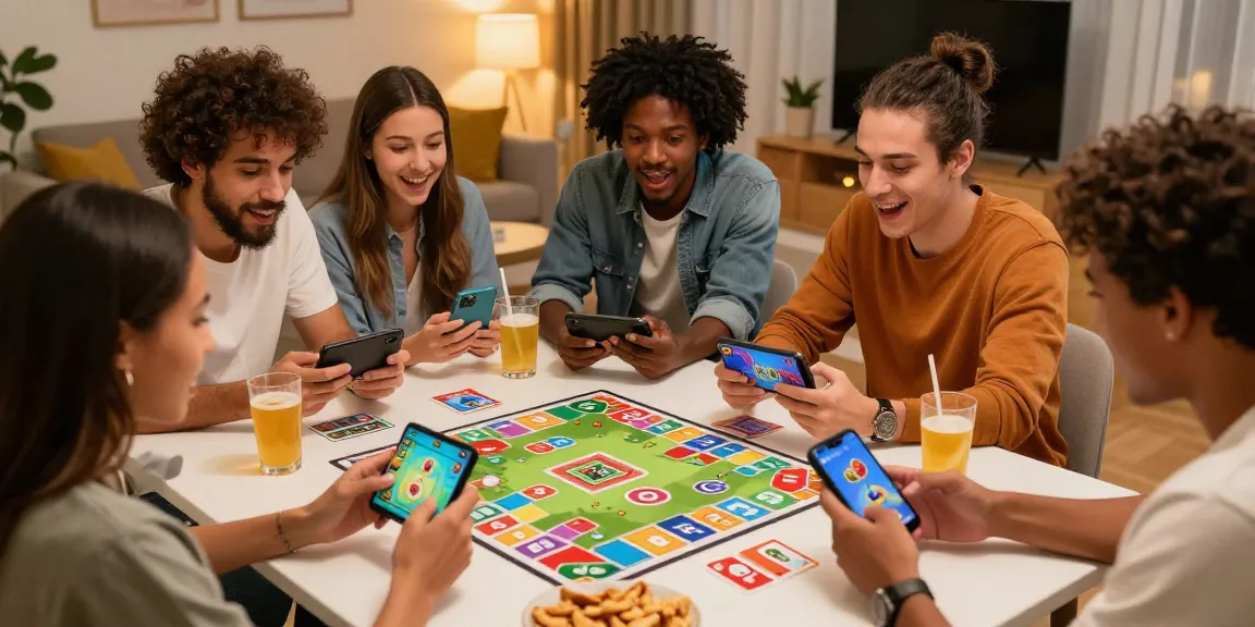 Friends enjoying a thrilling game of Card Rummy on their smartphones amidst a lively atmosphere.