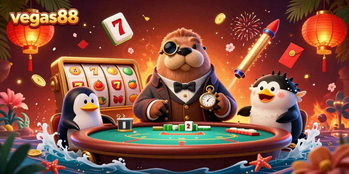 Rasakan sensasi bermain slot online di vegas88 dengan slot reel yang berputar dan simbol keberuntungan yang ceria.