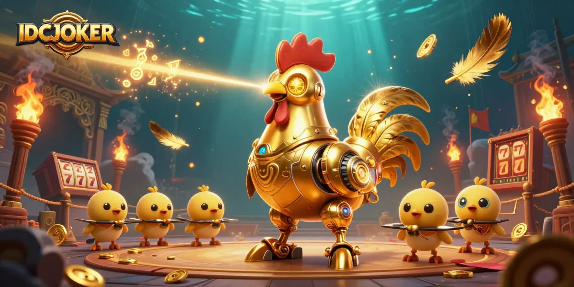 Engage with IDCJOKER's vibrant 3D illustration featuring a golden rooster robot amidst a dynamic casino setting.