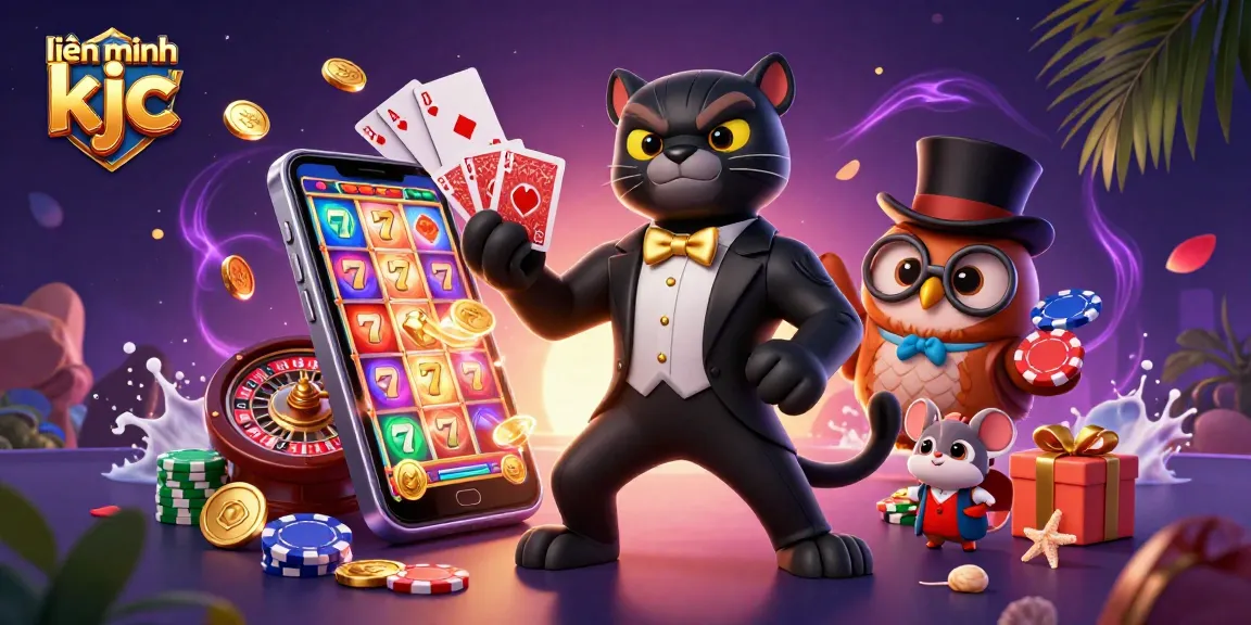 Engage in thrilling games with liên minh kjc, featuring a tuxedoed panther dealing cards amid colorful gaming elements.