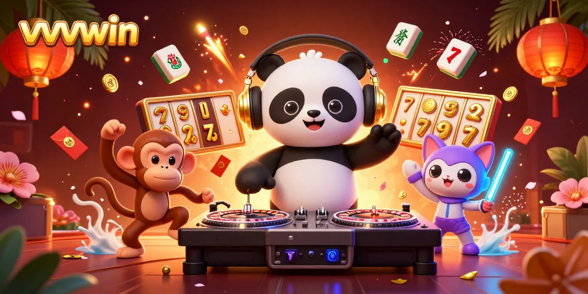 Experience the excitement of vvvwin with a vibrant 3D casino scene featuring a DJ panda and lucky symbols.