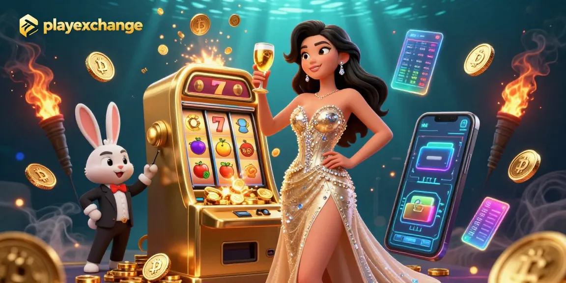 Experience playexchange with a stunning woman celebrating beside a golden jackpot slot machine amidst vibrant casino elements.