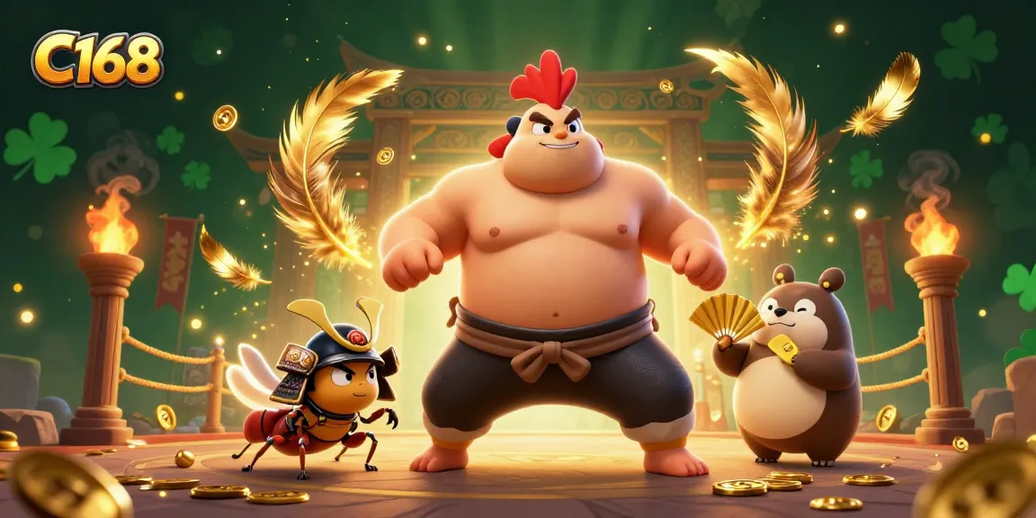 C168 showcases a thrilling sumo wrestling scene, featuring powerful characters engaged in exciting gameplay, adorned with gold coins and vibrant feathers.