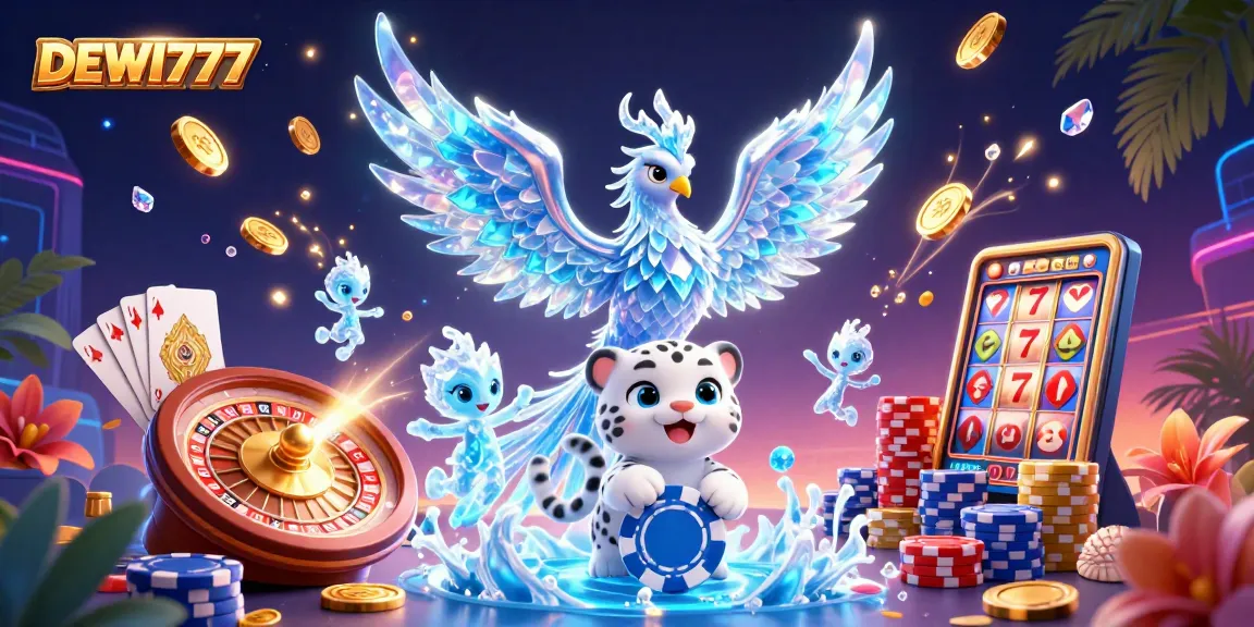 Experience thrilling gameplay with DEWI777 featuring a vibrant ice phoenix, poker chips, and dancing sprites.