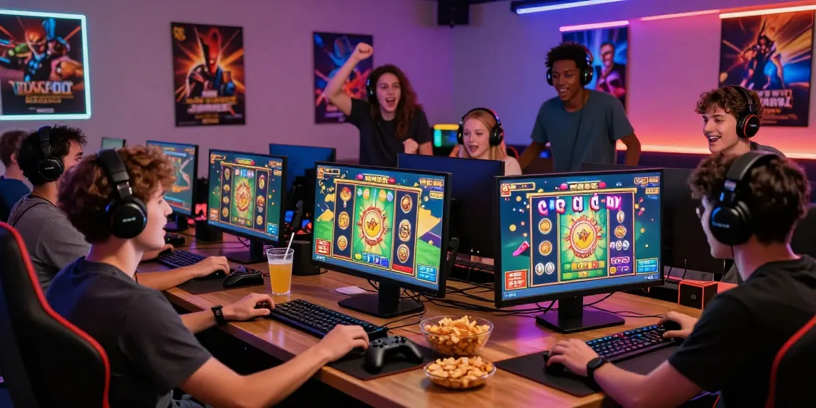 Friends enjoying pajaktoto gaming night focused on exciting slot game with snacks and drinks.