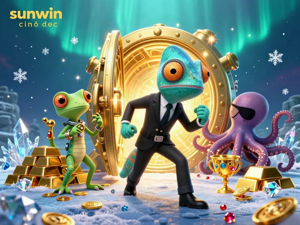 Experience the thrill of sunwin chính thức as colorful casino characters gather around dazzling treasures and gemstones.