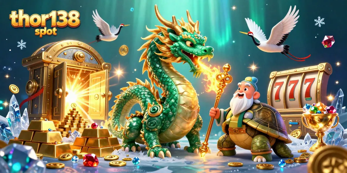 Menangkan hadiah besar dengan thor138 slot, gambar menampilkan naga giok dan karakter keberuntungan.
