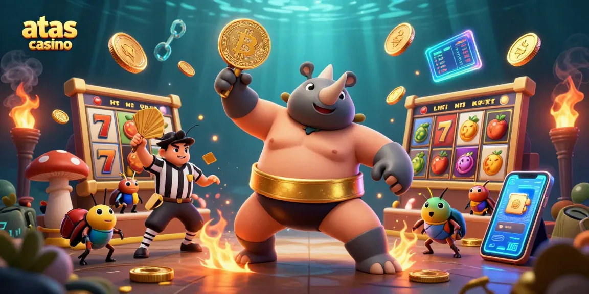 Experience excitement at atas casino with a vibrant depiction of a sumo beetle champion amidst golden coins and slot symbols.