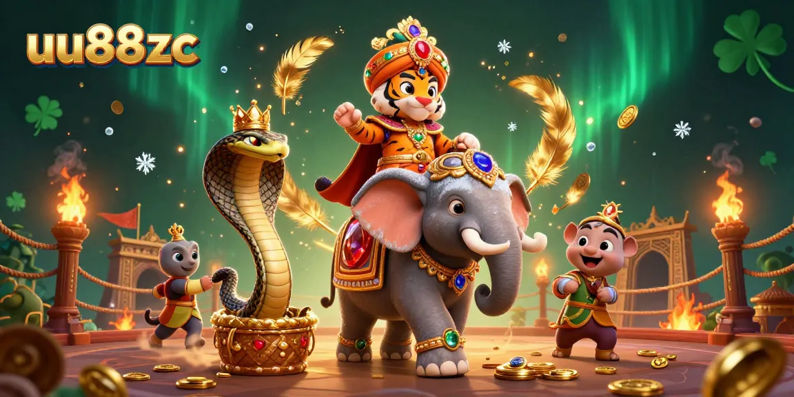 Bet on exciting games with uu88zc featuring a maharaja tiger, jewel-encrusted elephant, and vibrant casino elements.