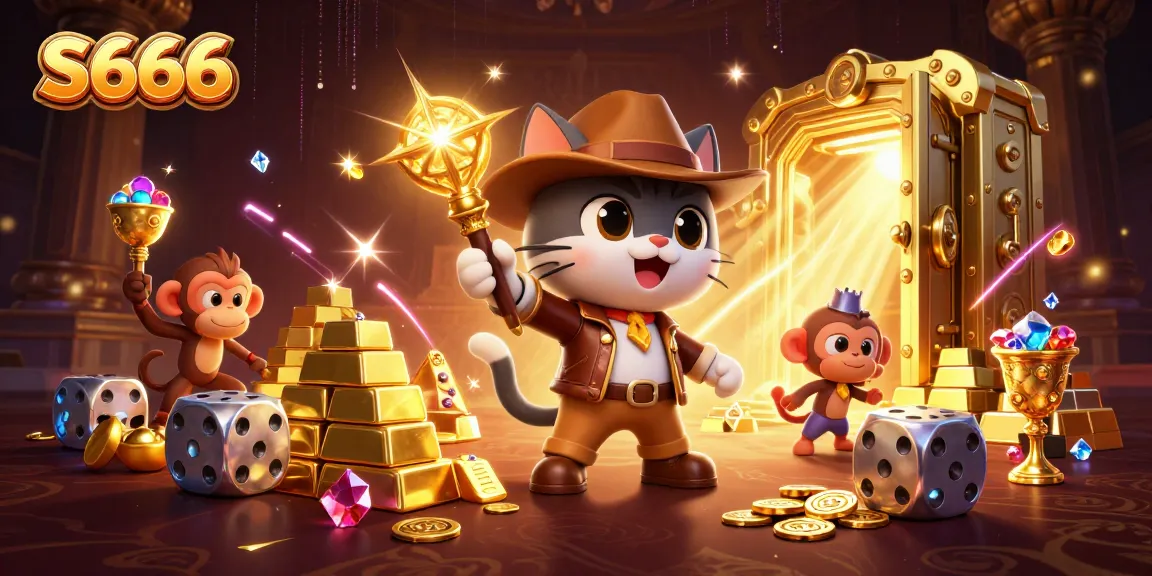 S666 players exploring a golden casino artifact amidst vibrant treasures and dynamic energy.