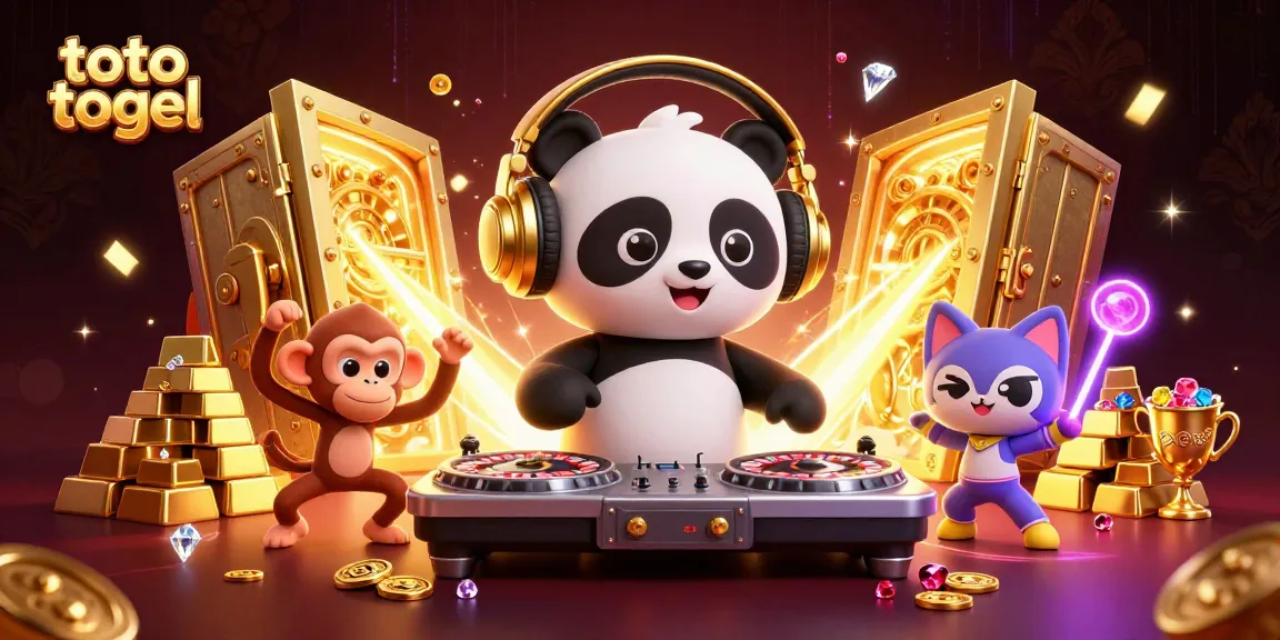 Experience the thrill of toto togel with playful characters in a vibrant casino-themed scene.