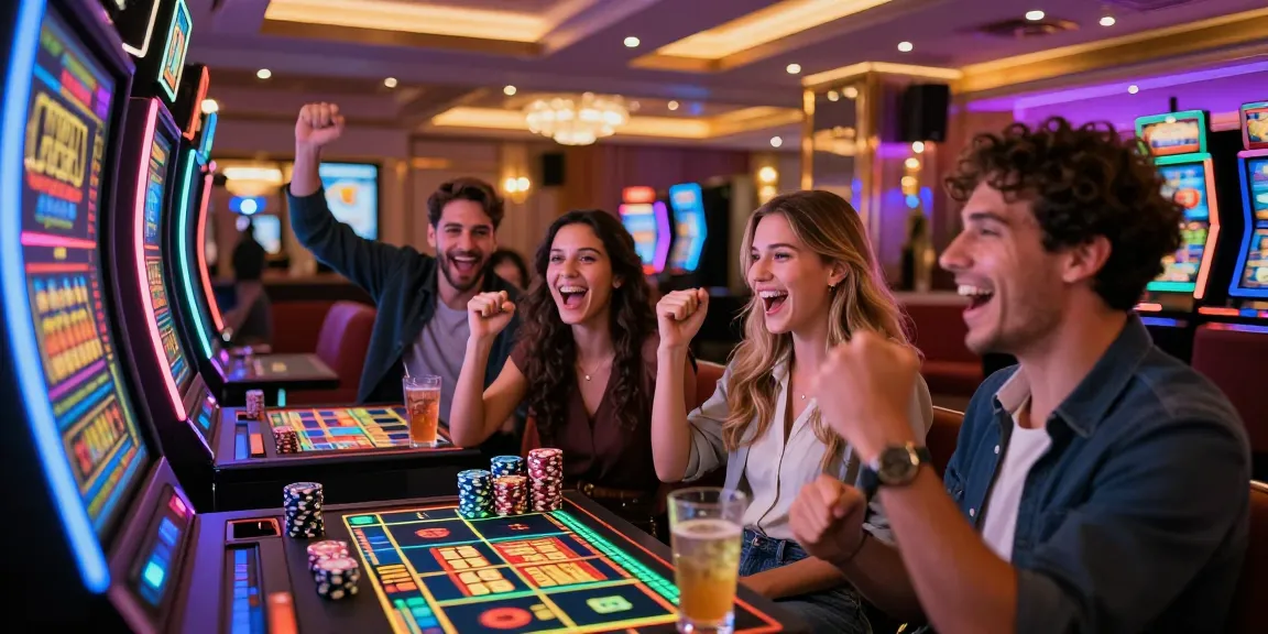 Slot gacor saat bermain di kasino dengan teman yang merayakan kemenangan besar.