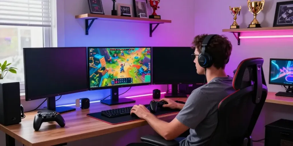 A vibrant gaming setup illustrating akunjp, showcasing a dedicated gamer immersed in an RPG game with multiple screens and collectibles.