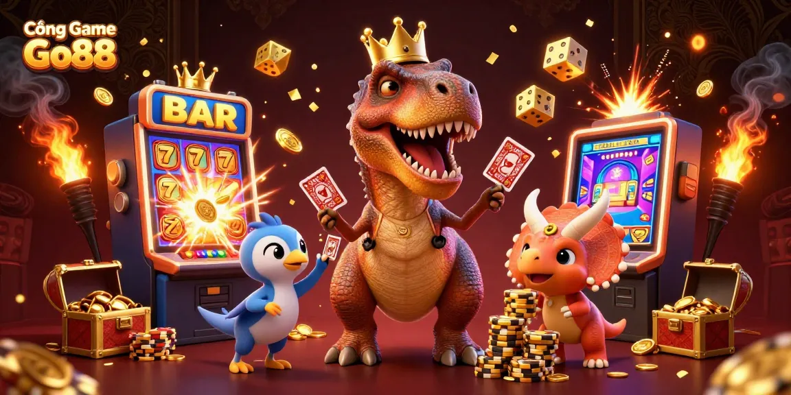 Cổng Game Go88 features a T-Rex and friends playing cards and stacking chips amidst exploding jackpots, evoking excitement.