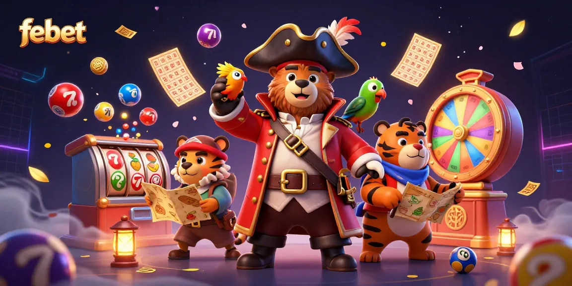Experience thrilling gambling with febet's 3D cartoon pirate scene filled with dynamic slot elements.